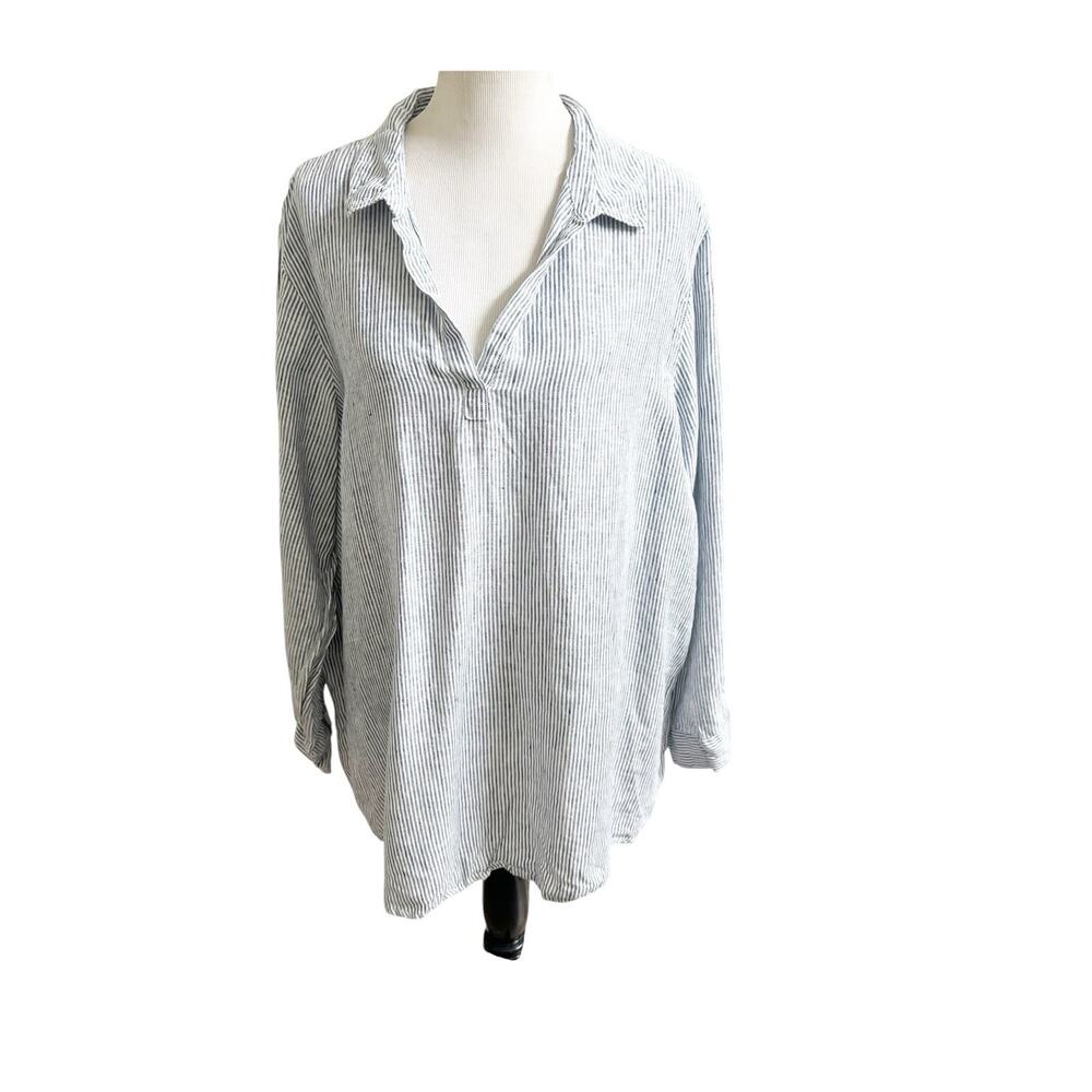 Jones New York Linen Popover Tunic Striped Navy White Size Button Back 1X/2X